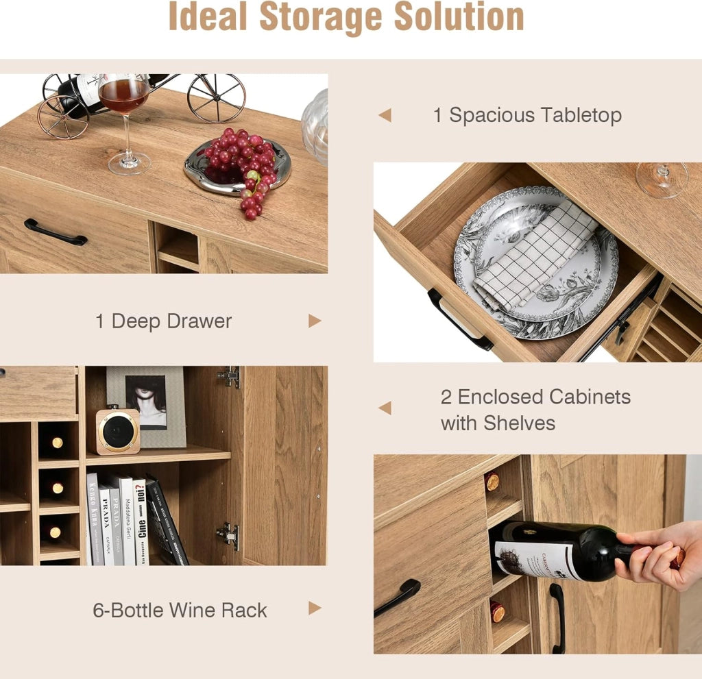 Credenza da Cucina con Porta Vino per 6 Bottiglie, 90 x 40 x 79 cm, Mobile da Bar con 2 Ante e 1 Cassetto, Ripiani Regolabili, per Sala da Pranzo e Soggiorno (Naturale)