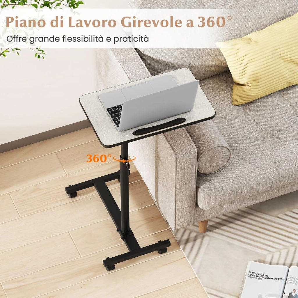Tavolino Servitore con Altezza Regolabile, Ruote Bloccabili, Piano Girevole a 360° e Inclinabile con Fermo Bordo, Tavolino a Forma di C per Soggiorno, Camera da Letto e Studio (Grigio)
