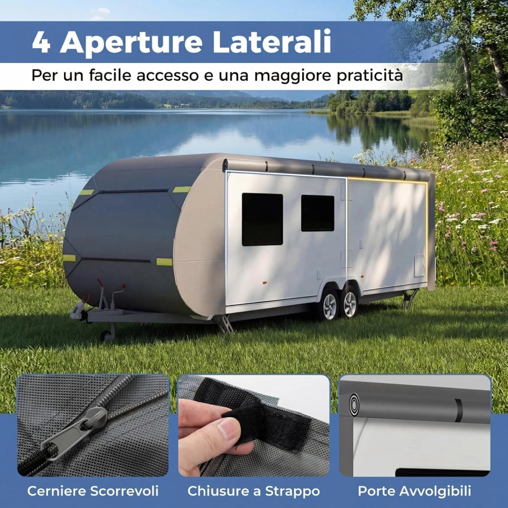 Telo Copri Roulotte, Copertura per Camper in Tessuto non Tessuto, con Cinghie, Toppe di Riparazione e Borsa da Trasporto, Impermeabile e Antivento (493 x 260 x 250 cm)