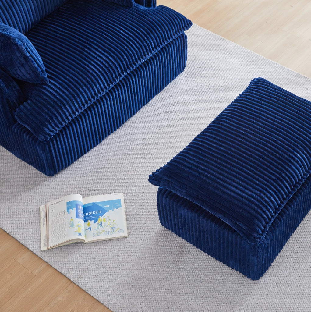 Poltrona con pouf 115x89x77 cm blu in tessuto morbido， compatta e senza montaggio