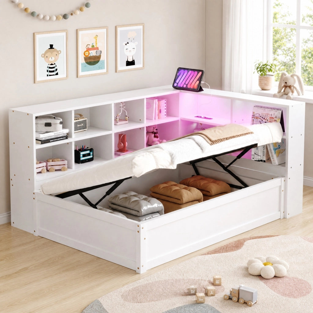 LETTO multifunzione 90x200 cm in legno massello bianco con LED e vani contenitore