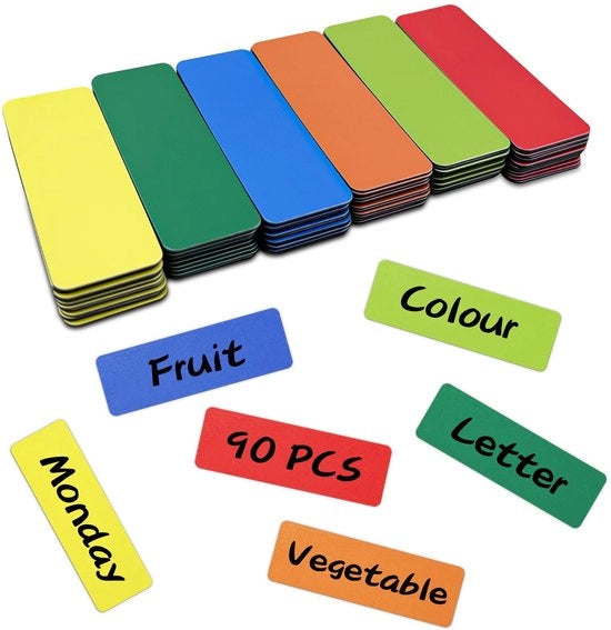 90 strisce adesive magnetiche descrittive, 6 colori di magneti descrittivi accessori per lavagna bianca, strisce adesive magnetiche riciclabili, tavole magnetiche per scrivere, pannello magnetico cancellabile (75x25 mm)