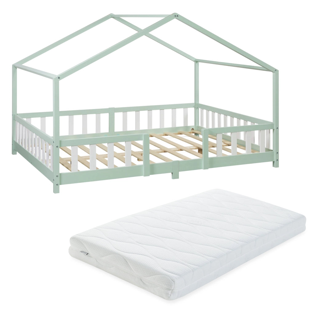 Letto per Cameretta Treviolo a Forma di Casetta in Stile Montessori con Materasso 120x200 cm - Menta Verde/Bianco [en.casa]
