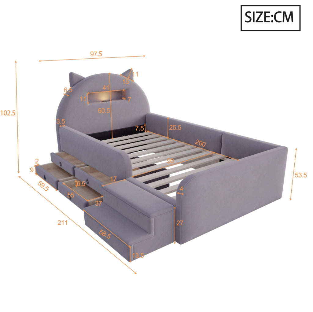 Letto imbottito 90x200 cm con contenitore; luce notturna e USB in velluto grigio scuro