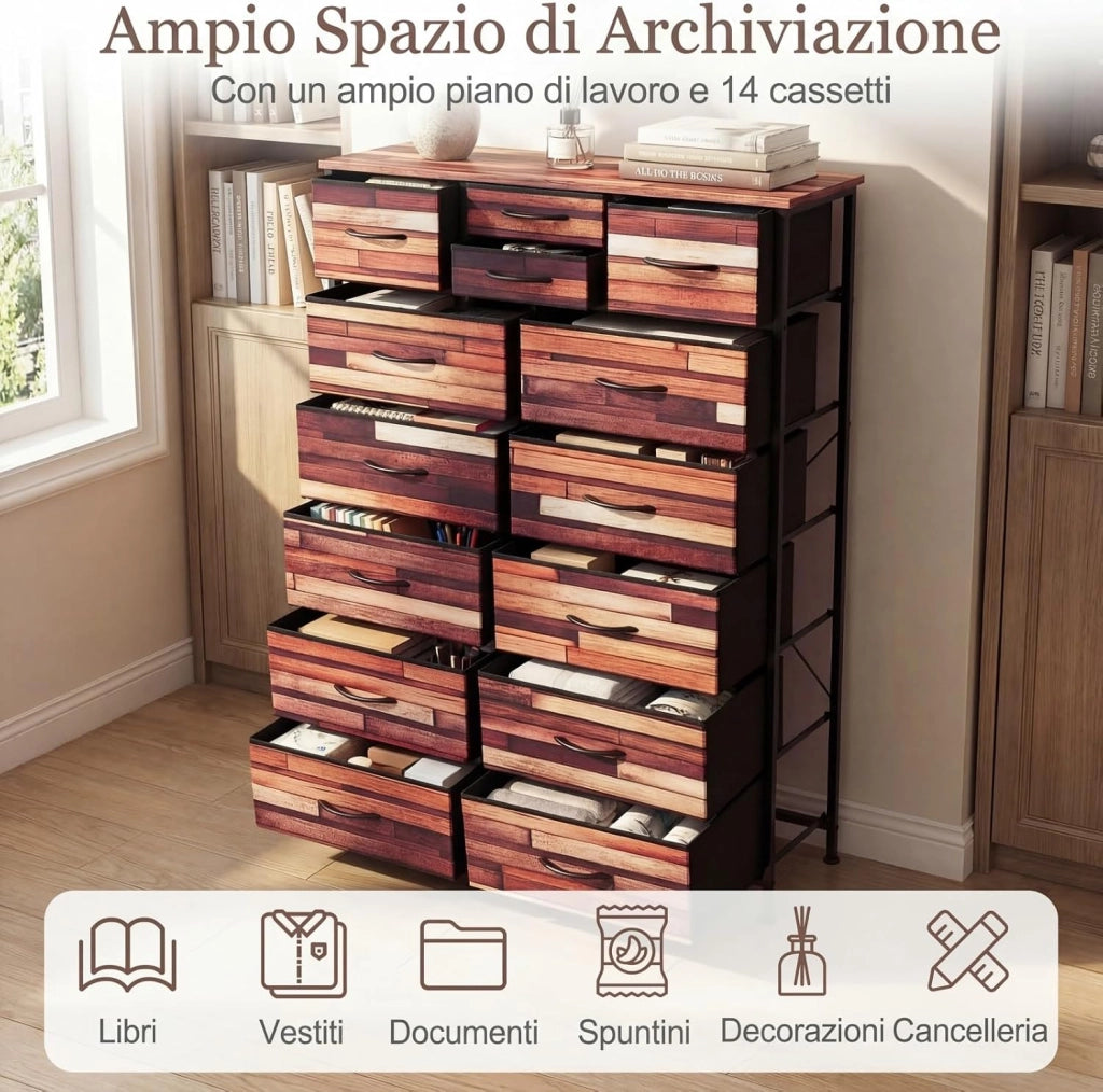 Cassettiera in Tessuto, Comò Salvaspazio a 14 Cassetti di 3 Dimensioni, Struttura in Metallo, Marrone Vintage e Nero, per Camera da Letto, Ingresso e Soggiorno (85 x 30 x 120 cm)