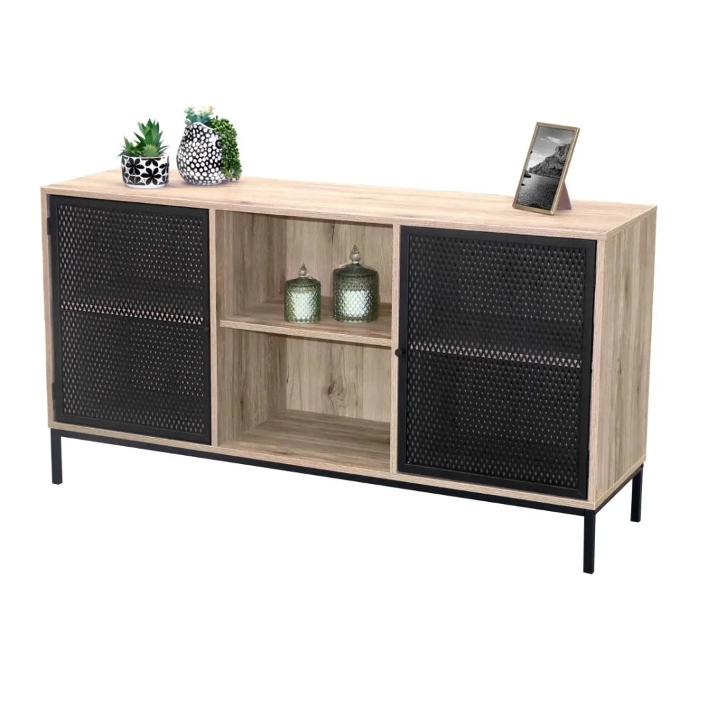 Buffet a 2 ante con griglia in metallo nero - Colore rovere chiaro, dimensioni 100x40xH75 cm - Collezione METALIX