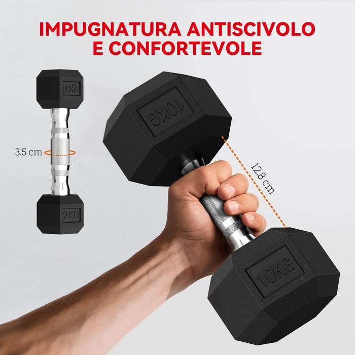 Set 8 Pesi Manubri con Supporto Coppie da 2-5-8-10 Kg in Ghisa Rivestita in Gomma Nero