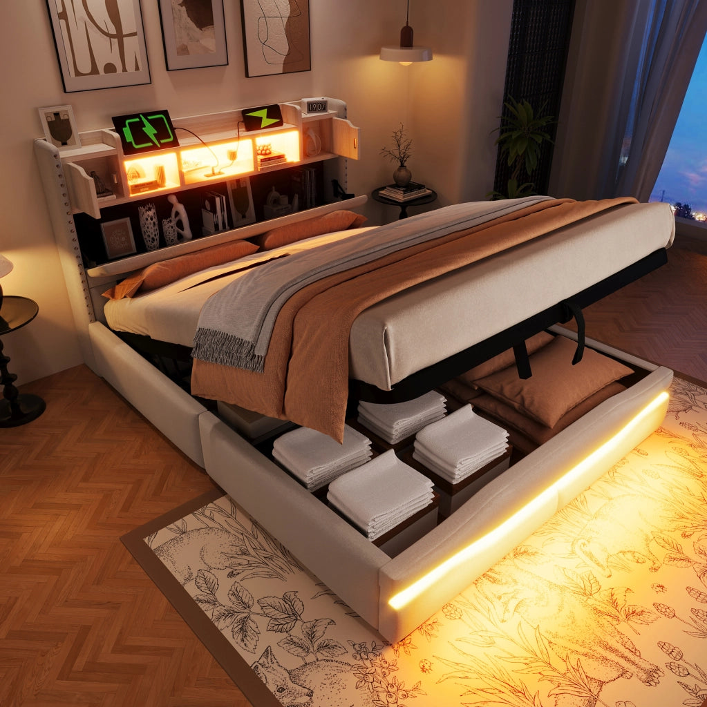 Letto imbottito 140x200 cm con contenitore idraulico e LED beige