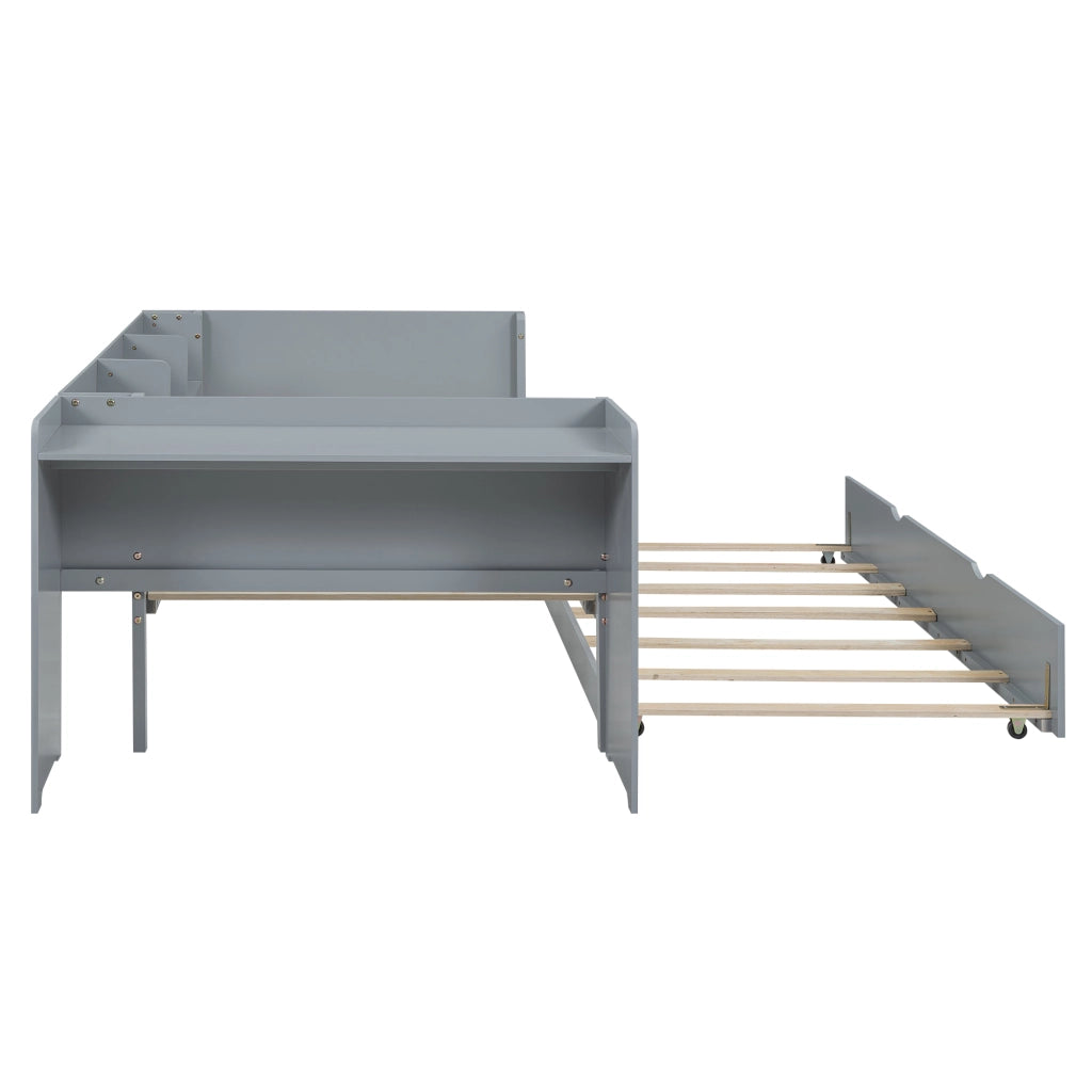 Letto singolo bambino 90×200 cm con letto estraibile; scrivania e 3 ripiani; senza materasso; pino; grigio