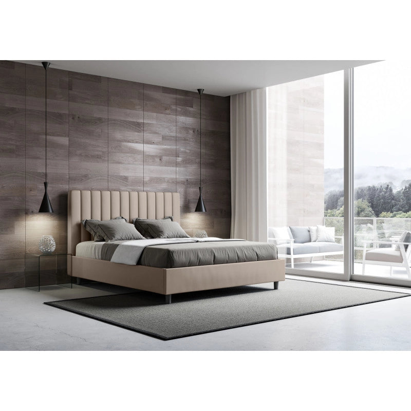 Letto imbottito Letto Matrimoniale alla Francese 150x200 cm Agueda - Similpelle,Senza rete,Tortora