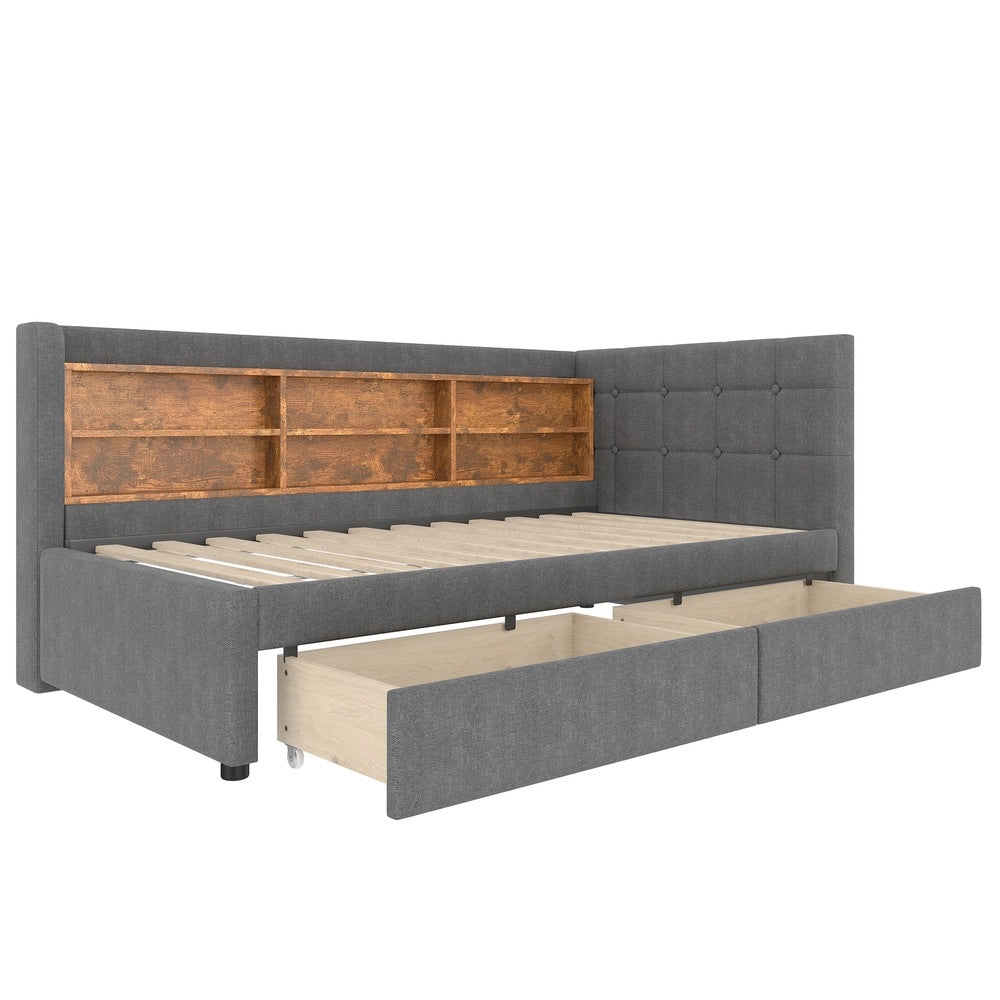 Letto Singolo con Cassetti e Rete a Doghe ¨C MINIMAL ¨C Tessuto Grigio 90x200