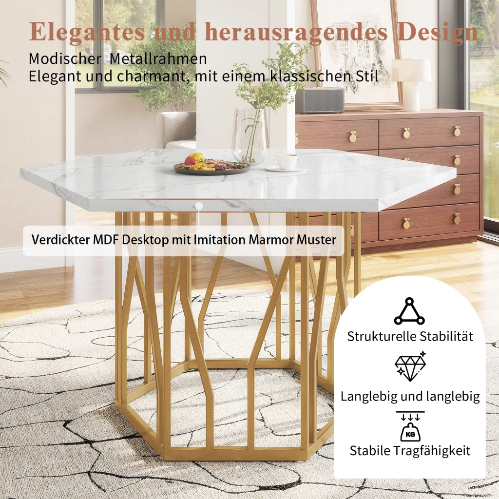 Tavolo da pranzo esagonale in MDF effetto marmo con base in metallo oro e bianco 115,5 × 100 × 75 cm
