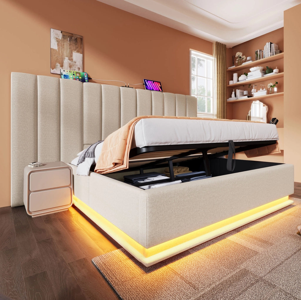 Letto contenitore 160 × 200 cm con LED; 3 USB e Type-C; lino beige