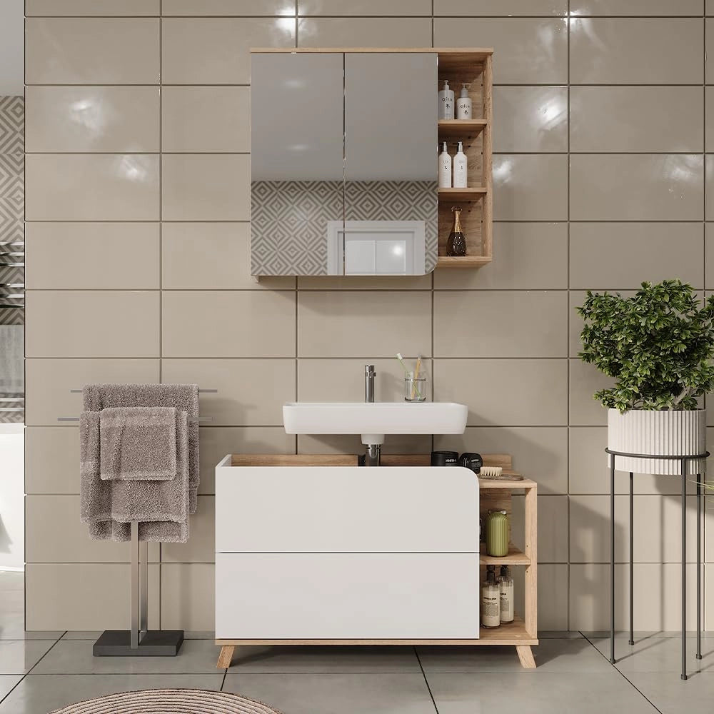 Set di mobili da bagno Karen, Sonoma/Bianco, 100 cm, composto da specchio da bagno e mobile sottolavabo