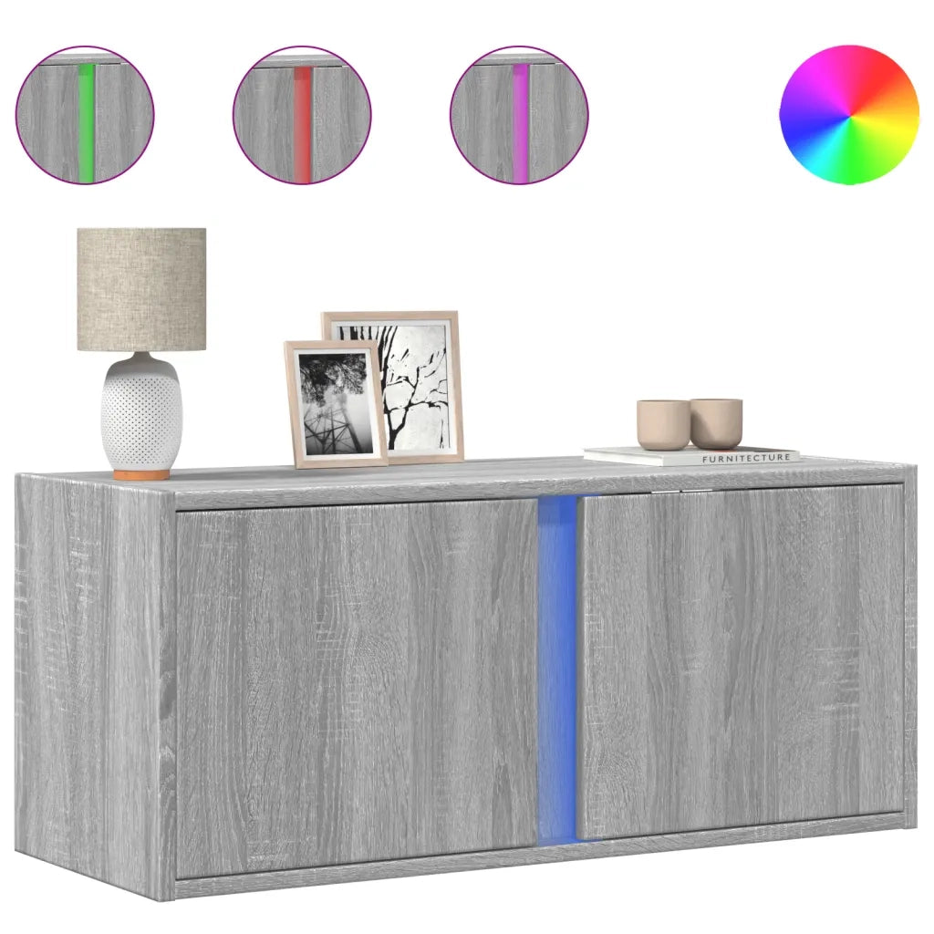Mobile TV a Parete con Luci LED Grigio Sonoma 80x31x35 cm
