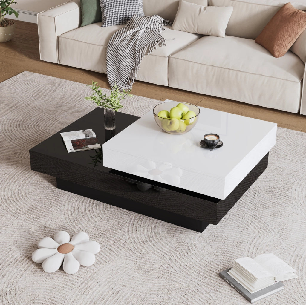 Tavolino da salotto girevole a 2 livelli 103 x 60 x 35;5 cm bianco e nero lucido
