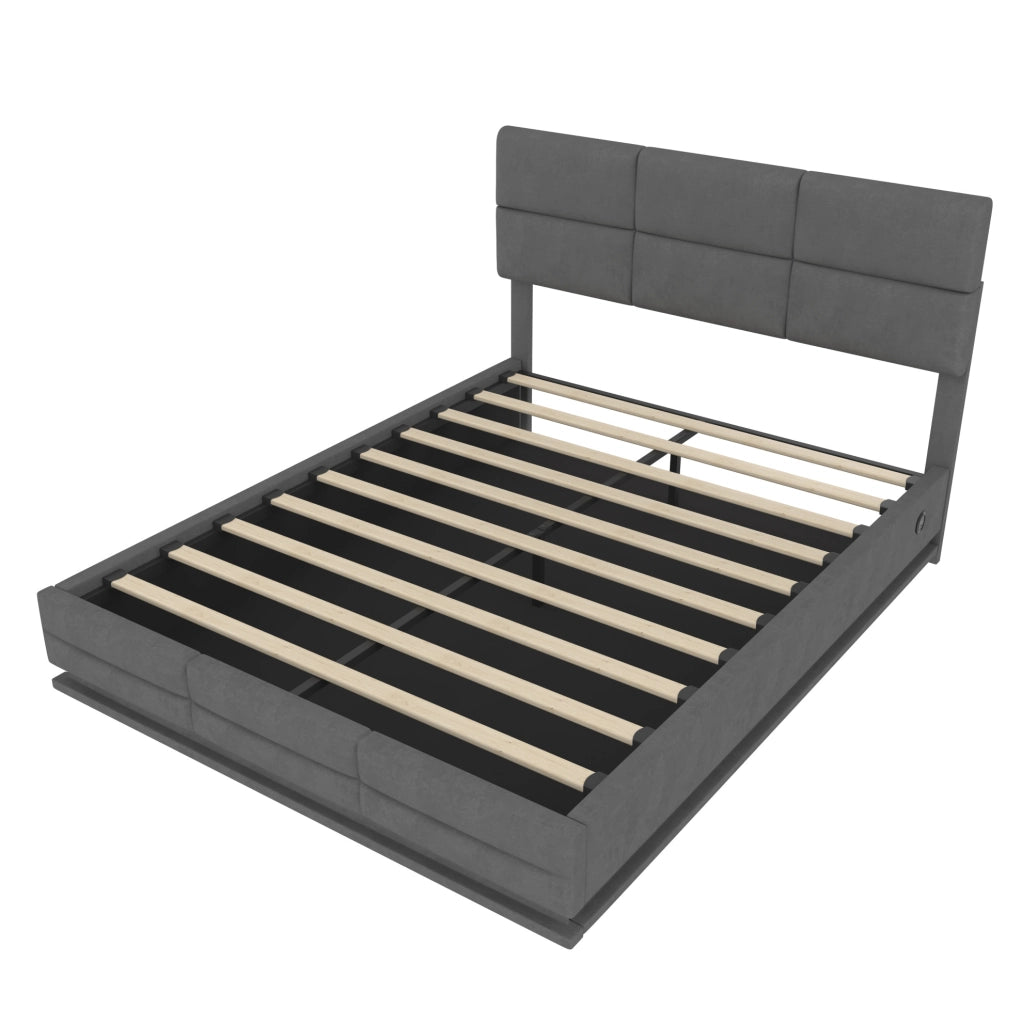Letto 140x200 in velluto grigio con LED, USB e vano contenitore