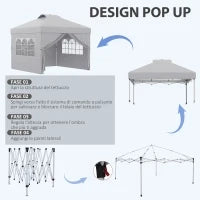 Gazebo Pieghevole 3x3 m con Altezza Regolabile su 3 Livelli, Finestre e Borsa di Trasporto, Grigio Chiaro