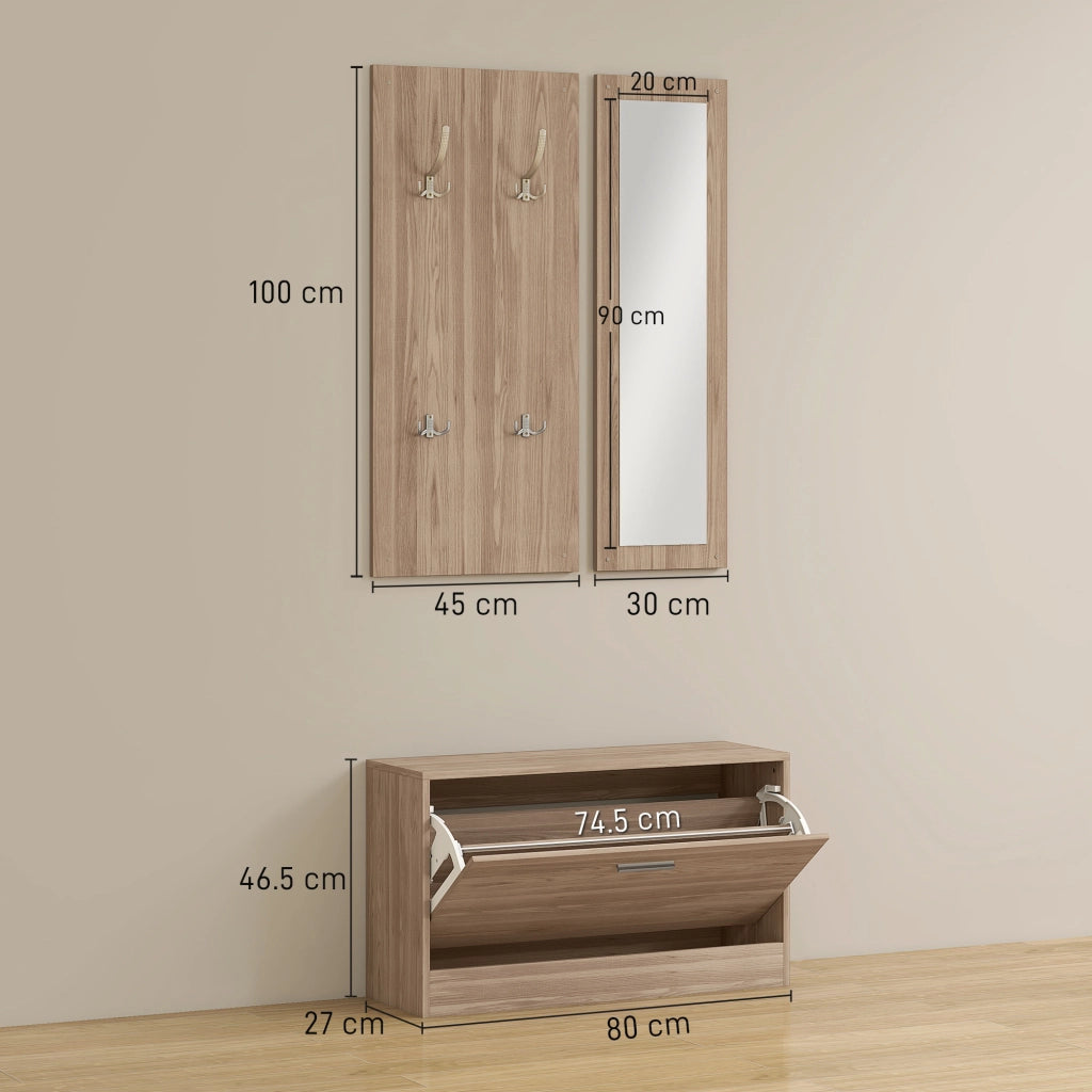 Set Mobili da Ingresso con Panca Scarpiera Appendiabiti a Muro e Specchio in Legno Truciolare Marrone Scuro