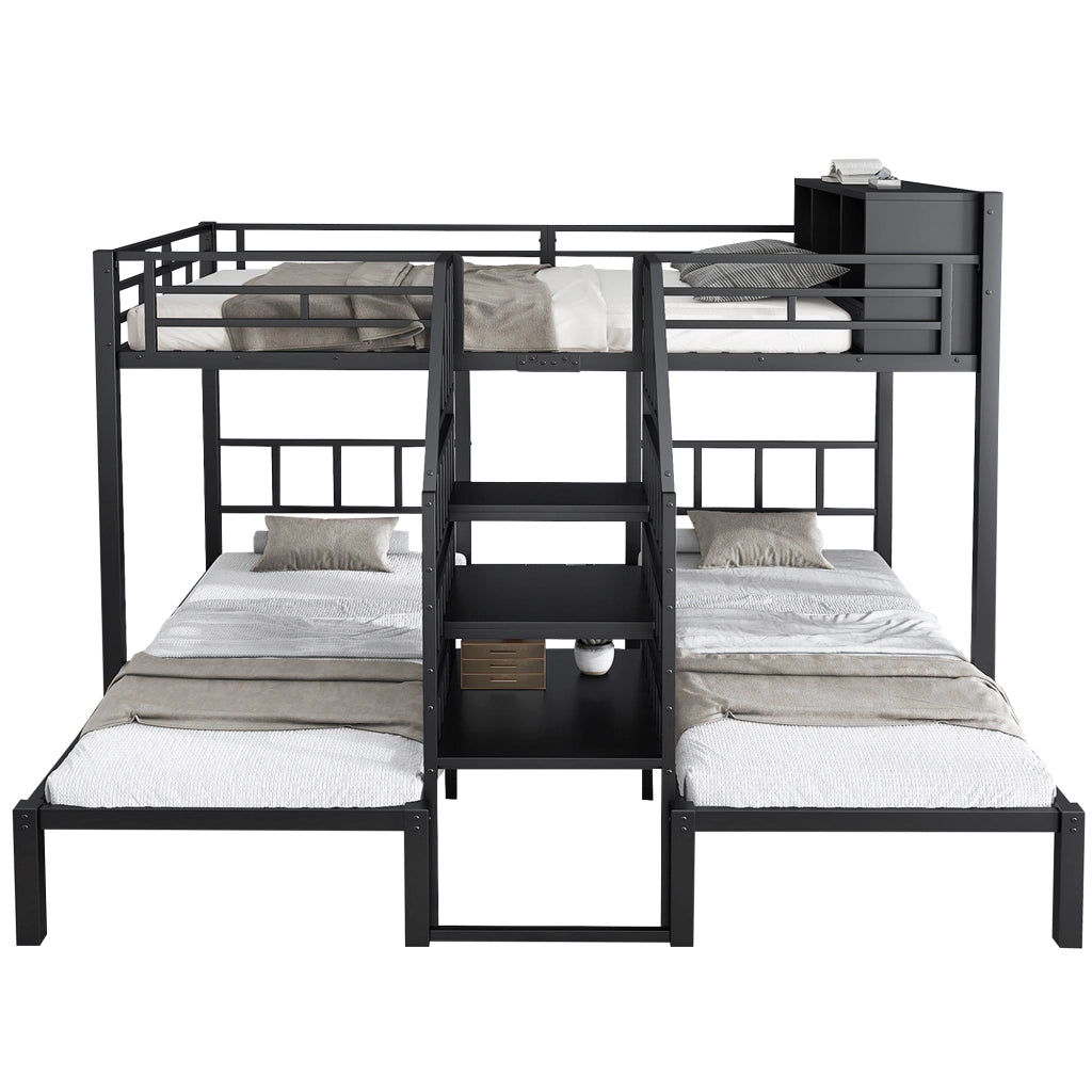 OKWISH Letto a Castello 90×200 cm e 140×200 cm, Letto 3 Posti con Scala, Contenitore e Corrimani, senza Materasso, Nero