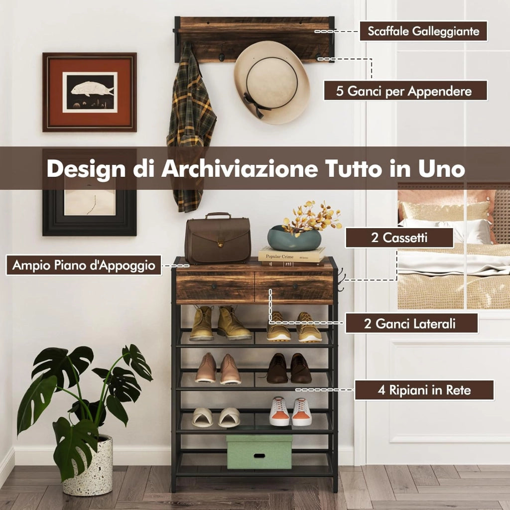 Set Appendiabiti con Scarpiera, Scarpiera a 5 Ripiani con Appendiabiti da Muro, Organizzatore per Scarpe con Ganci Cassetti e Mensole, per Ingresso Camera da Letto