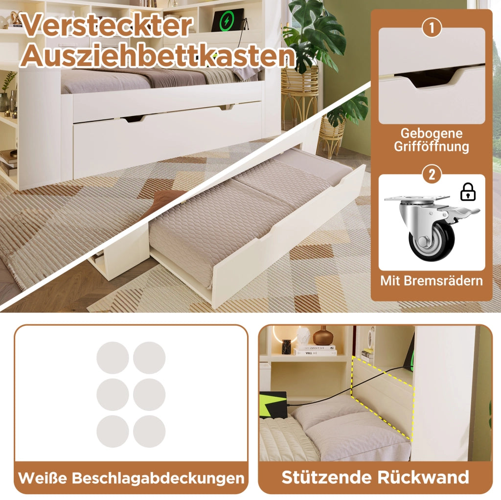 Letto 140x200 con letto estraibile, 8 vani e porte USB/Type-C