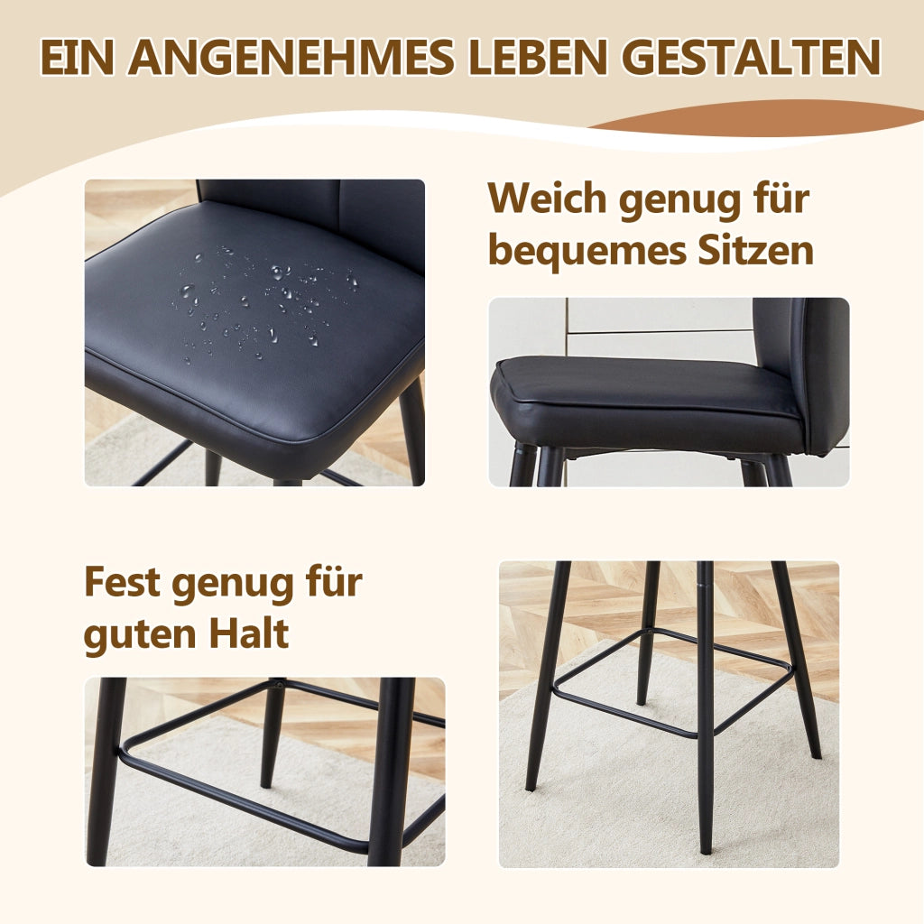 Set di 2 Sgabelli da Bar con Schienale Ergonomico e Poggiapiedi; Piedini Regolabili; Metallo e PU; Nero
