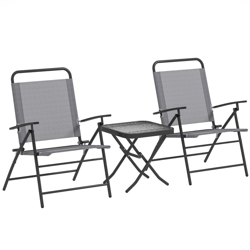 Set da Giardino 3 Pezzi Tavolo con Piano in Vetro e 2 Sedie Pieghevoli Grigio