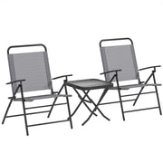 Set da Giardino 3 Pezzi Tavolo con Piano in Vetro e 2 Sedie Pieghevoli Grigio