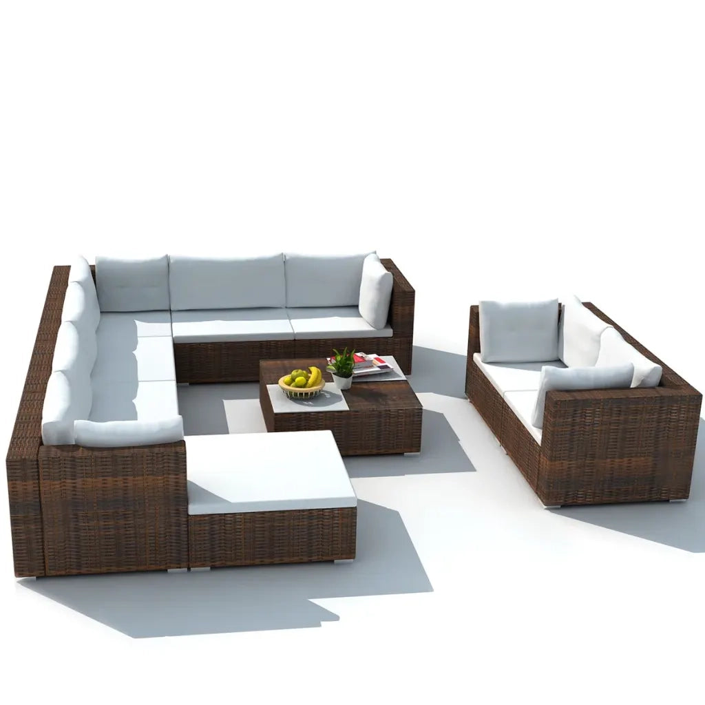 Set Divani da Giardino 10 pz con Cuscini in Polyrattan Marrone 41875