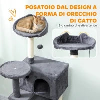 Albero per Gatti Alto 140 cm con 2 Casette, Lettino e Amaca per 2-3 Gatti, Rivestimento Peluche, Grigio