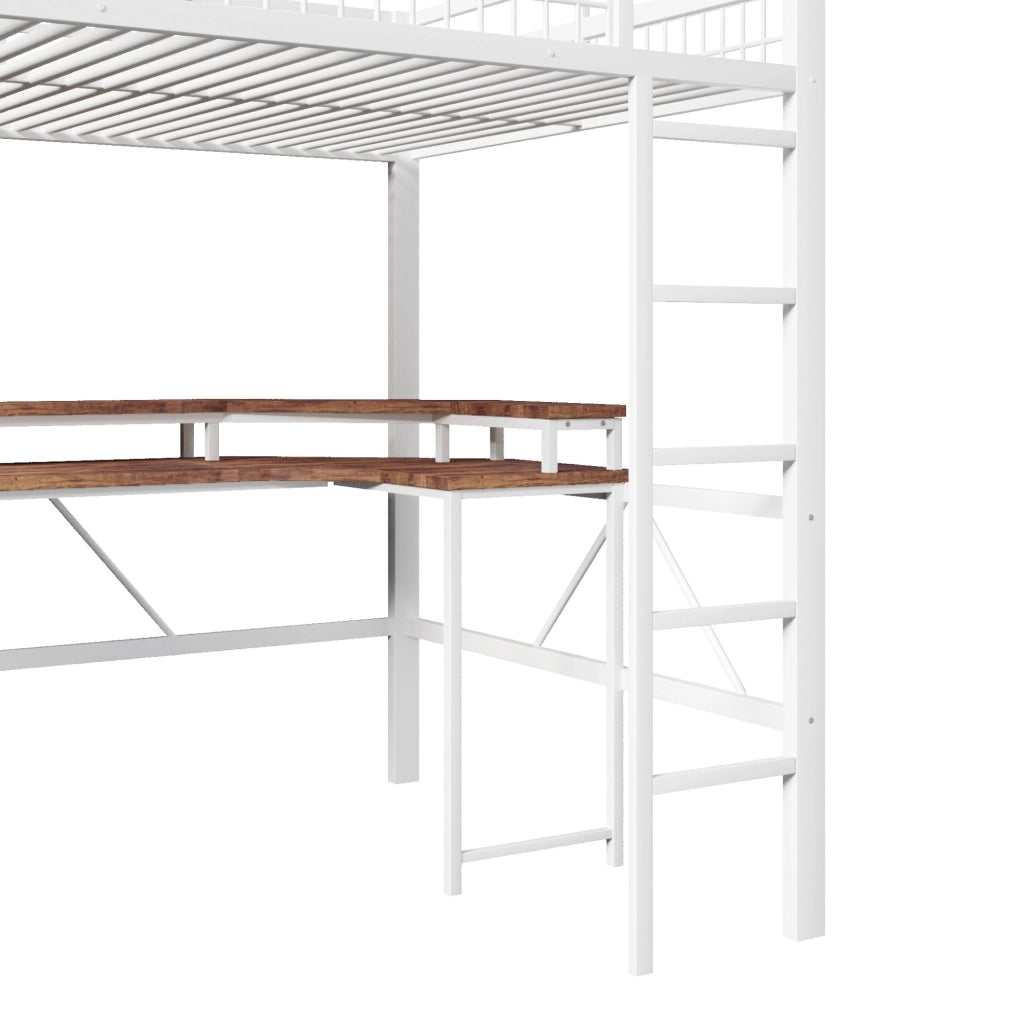 Letto a soppalco 140x200 cm con scrivania; LED e pegboard in metallo e MDF bianco