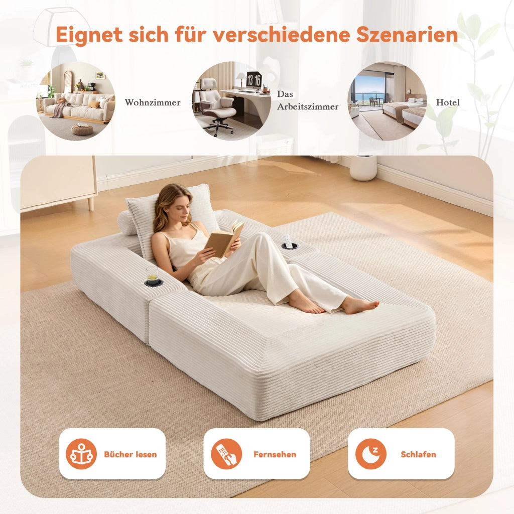 Divano letto modulare con seduta in schiuma e molle, tasche laterali e portabicchieri in velluto a coste beige