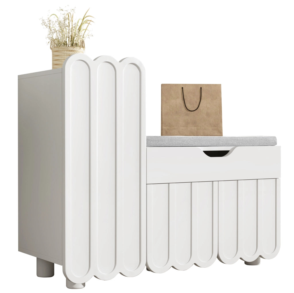 Scarpiera 90x35x74.5 cm con cassetto e seduta imbottita in MDF bianco