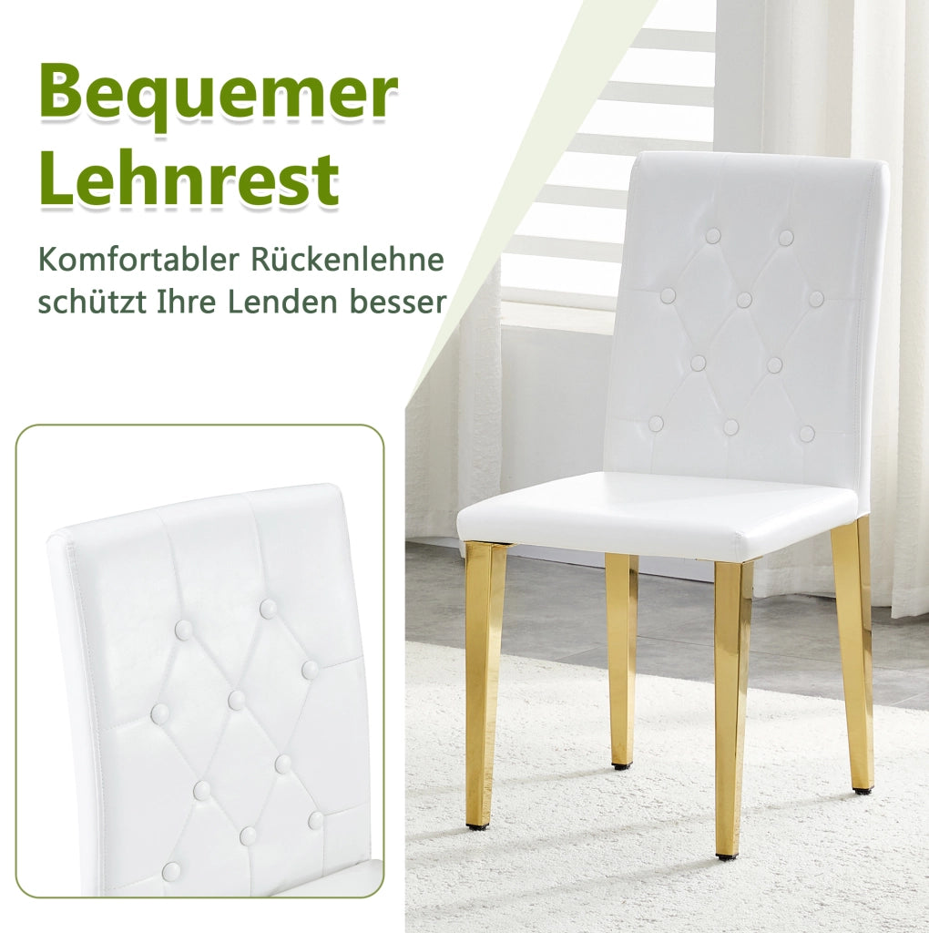 Set di 4 sedie da pranzo in PU bianco con gambe in metallo dorato lucido; 89 cm