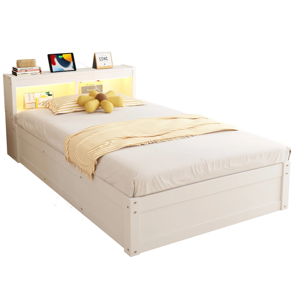 Letto multifunzionale 90x200 cm con contenitore idraulico, LED e presa integrata