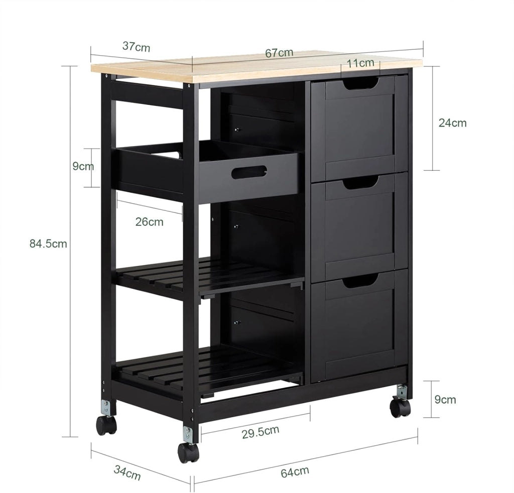 Carrello Cucina con 3 Cassetti e 1 Cestino, Mobiletto Cucina Salvaspazio con 4 Ruote Girevoli, Credenza Cucina o Bagno, Mobiletto Cucina Dispensa, L68 x P38 x A85 cm, nero,FKW79-SCH