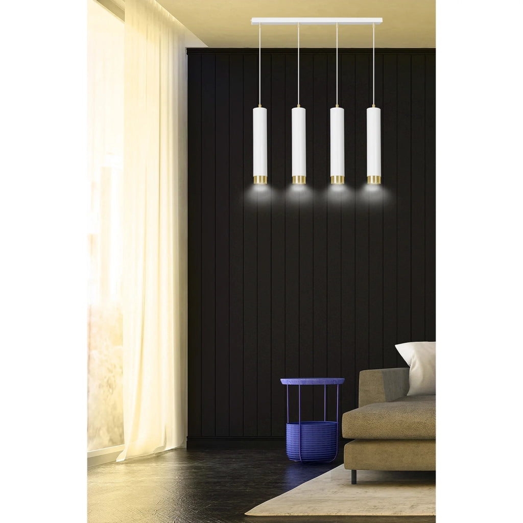 Lampadario 4 Luci Brunilde In Acciaio Bianco E Tubolari In Bianco E Oro