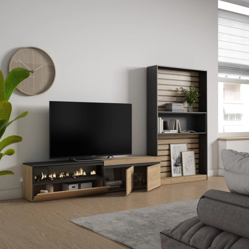 Mobile TV, Soggiorno, 310x35x186cm, Per TV fino a 80", Camino elettrico, colore Rovere e nero RF2865