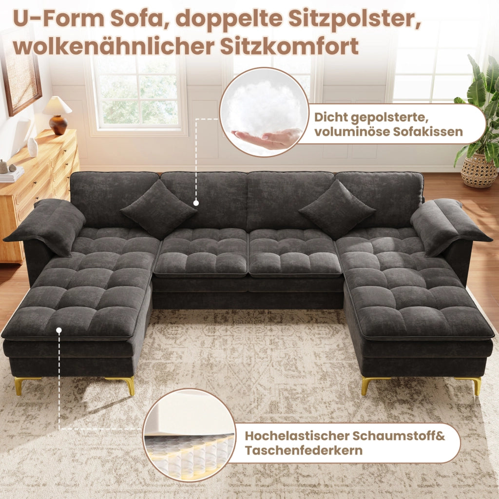 Divano angolare a U modulare 4-5 posti con 2 chaise longue; chenille grigio