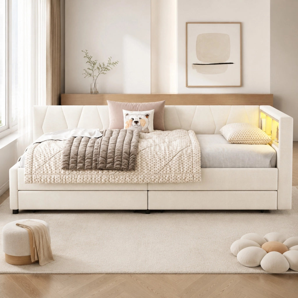 LETTO daybed 90x200 cm in lino beige con LED, USB e 2 cassetti
