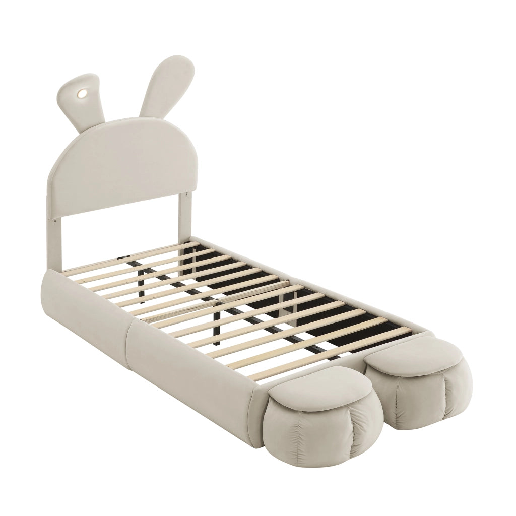 Letto per bambini 90 × 200 cm con LED regolabile e 2 pouf contenitore; senza materasso; in velluto beige