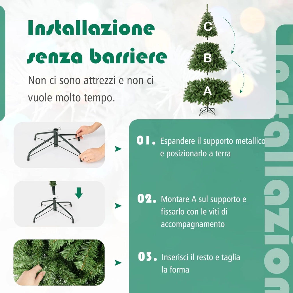 Albero di Natale 180/225 cm, Albero di Natale Artificiale con 1000/1346 Rami Densi e Base in Metallo con Cuscinetto Antiscivolo, Albero di Natale Folto per Casa, Ufficio e Negozio (225 cm)