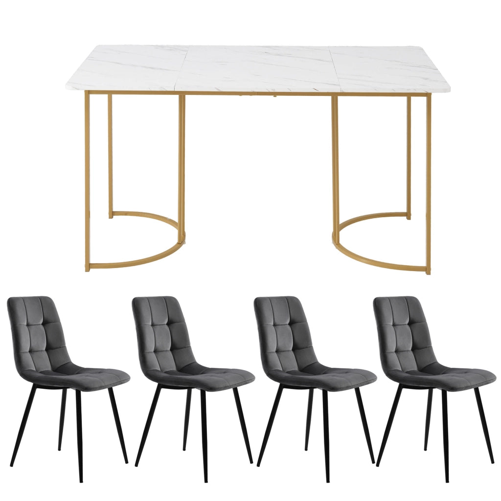 Tavolo da pranzo per 4 persone con 4 sedie in velluto, piano in MDF effetto marmo, per cucina, 140 × 80 cm