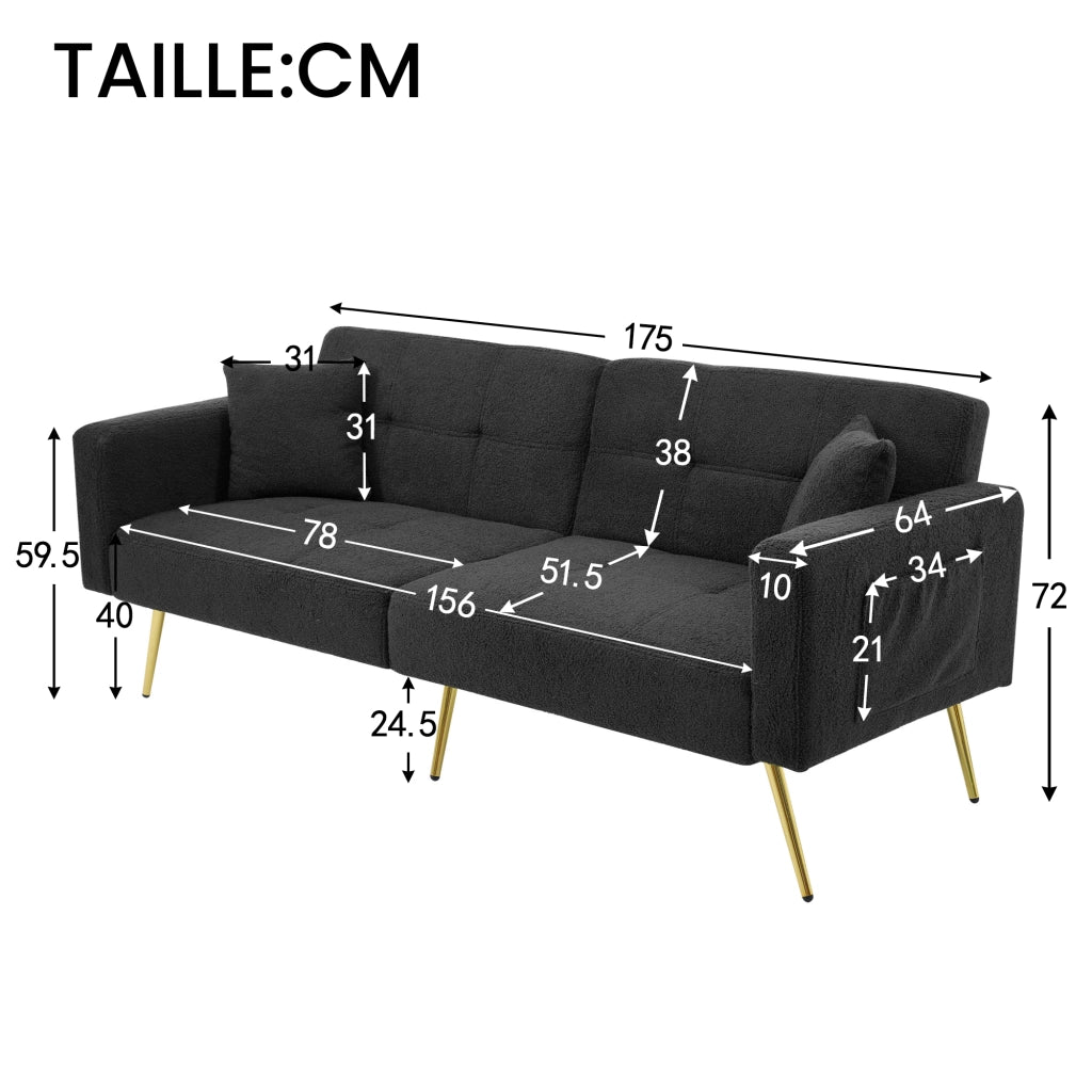Divano Letto 2 Posti Convertibile Schienale Regolabile 105-180° con Cuscini e Tasche Laterali Struttura Legno in Sherpa Grigio Antico