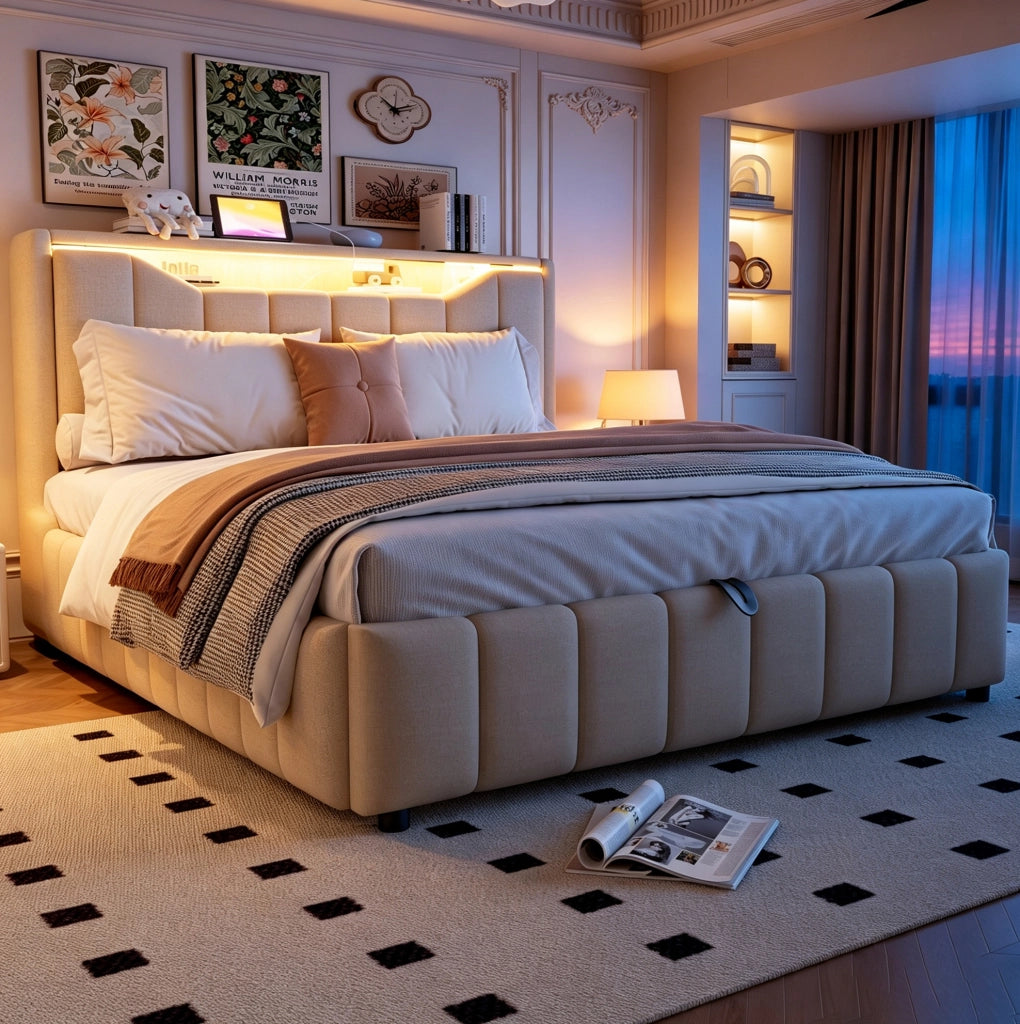 Letto imbottito 140x200 cm con contenitore idraulico, LED e porte USB