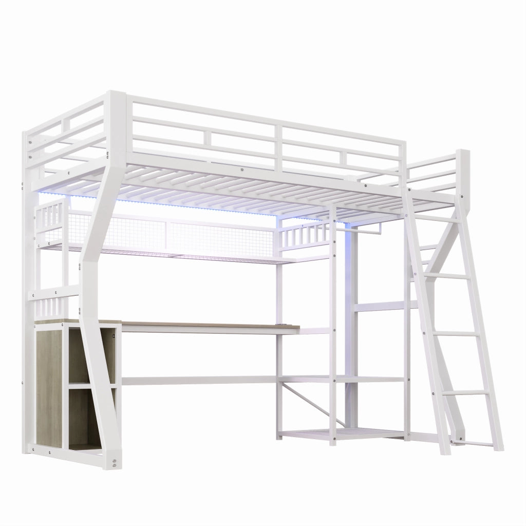 LETTO A CASTELLO 90x200 cm in metallo e MDF, bianco, con scrivania e luci