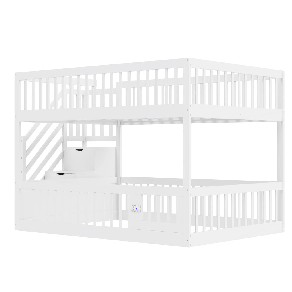 Letto a Castello 140x200 cm; Scale con Cassetti e Porta Apribile; in Legno; Bianco