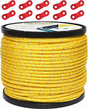50 m corda riflettente, corda per tenda, guida per tenda, corda nylon 100%, corda per tenda all'aperto con 10 spannelli in alluminio per camping (giallo, diametro 4 mm)