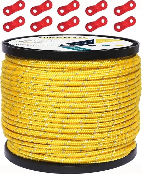 50 m corda riflettente, corda per tenda, guida per tenda, corda nylon 100%, corda per tenda all'aperto con 10 spannelli in alluminio per camping (giallo, diametro 4 mm)